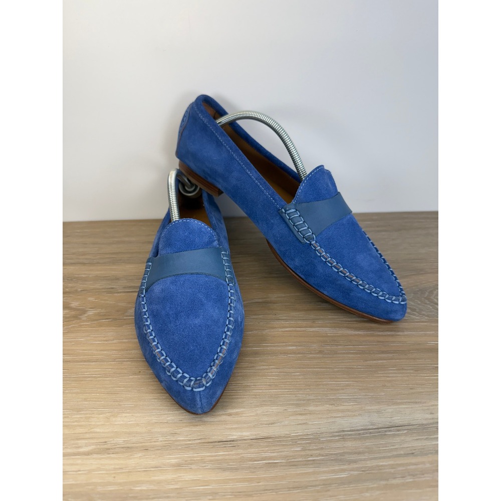 M.Gemi Loafer Flats Blue Suede Pointed Toe Whipstitch Minimalist Heritage 38.5